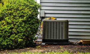 Outdoor AC unit near a bush.